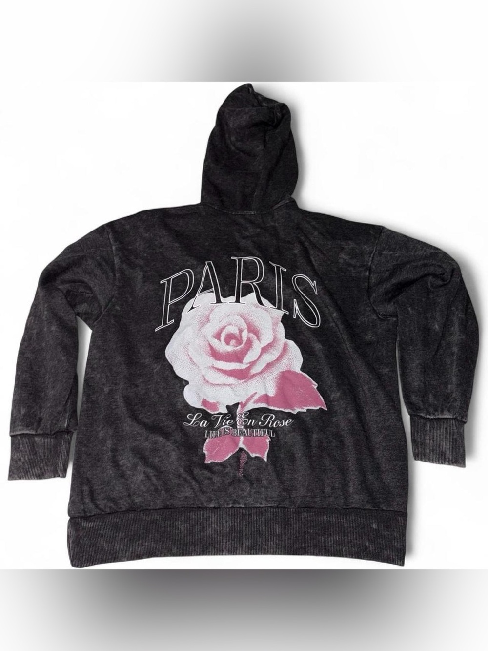 No Boundaries Black Hooded Sweatshirt with Pink Rose "Paris" Graphic
